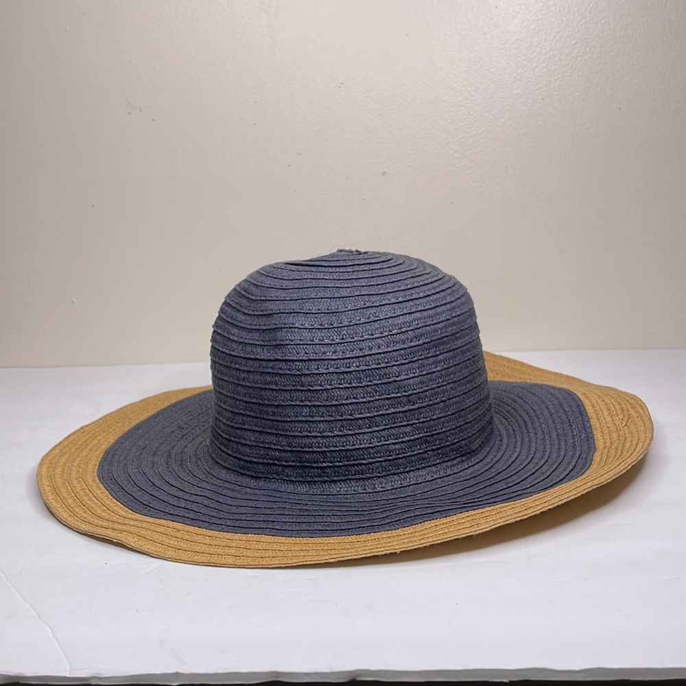 Straw Hat Blue & Tan Wide Brim Coastal Grandma Sun Beach - Picture 2 of 7